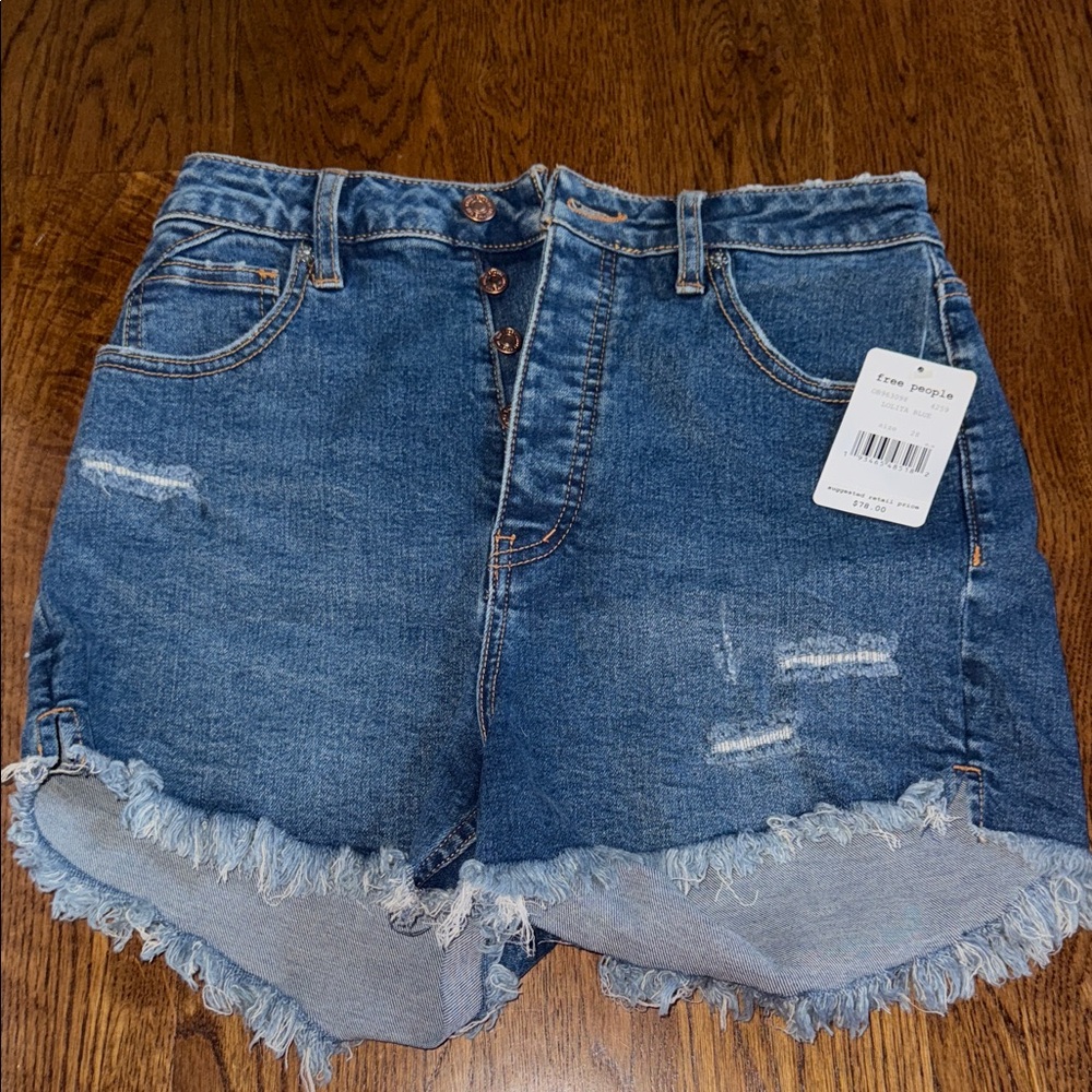 Free People High-Rise Distressed Denim Jean Shorts - Blue